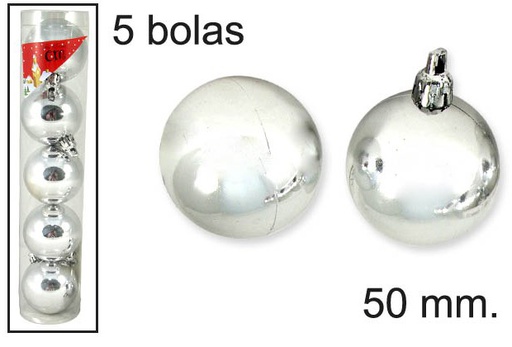 [048375] Pack 5 palline di Natale argento lucido 50 mm