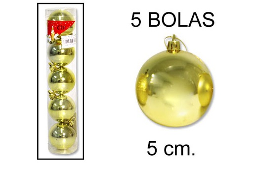 [048376] Pack 5 glossy gold Christmas balls 50 mm