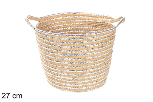 [117050] Round paper rope basket natural/silver with handles 27 cm