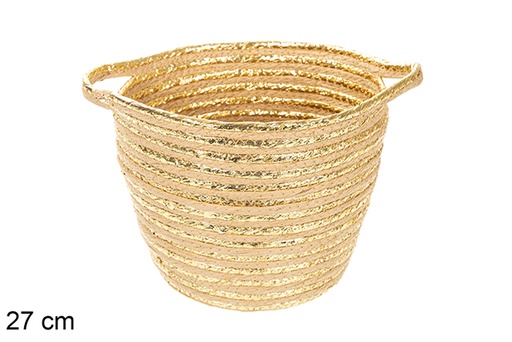 [117054] Cesto redondo em corda de papel natural/dourado com pegas 27 cm