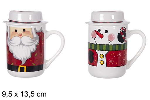 [117076] Mug en céramique avec couvercle décoré du Père Noël 9,5x13,5 cm