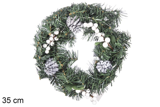[117137] Green PVC snowy wreath with pineapples and berries with 10 LED lights 35 cm