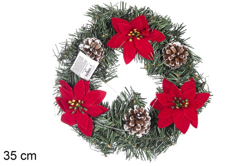 [117138] Green PVC snowy wreath with pine cones and Christmas flower with 10 LED lights 35 cm