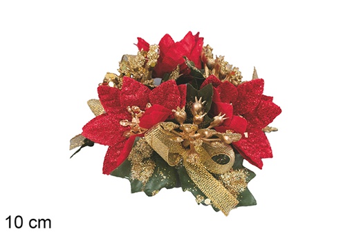 [117150] Portacandele natalizio decorato con fiocchi e fiori rosso/oro 10 cm