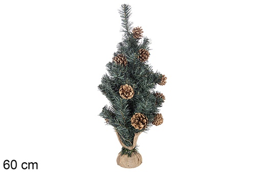 [117163] Sapin en PVC vert décoré de pommes de pin dans une caisse en bois 60 cm