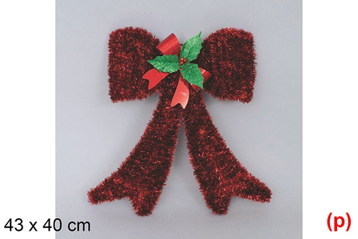 [117201] Christmas bow red tinsel decorated with holly 43x40 cm