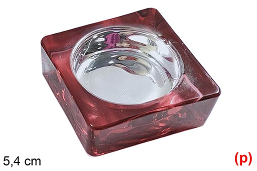 [117292] Bougeoir carré en verre de Noël rouge 5,4 cm