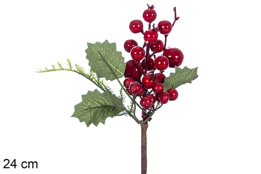 [117340] Branche de Noël en PVC avec fruits rouges et feuilles 24 cm