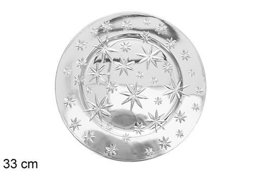 [117343] Assiette basse ronde en plastique decore d'etoiles argent 33 cm