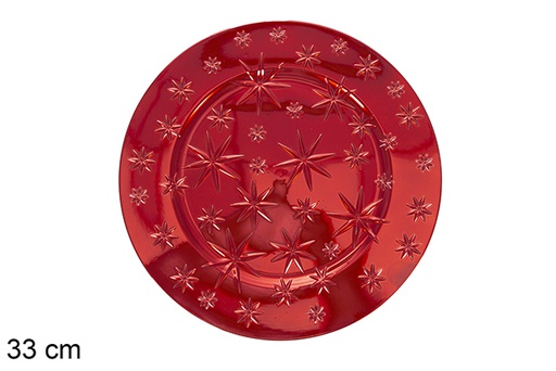 [117347] Bajo plato plástico redondo decorado estrellas rojo 33 cm 