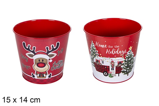 [117378] Christmas decorated metal bucket assorted 15x14 cm