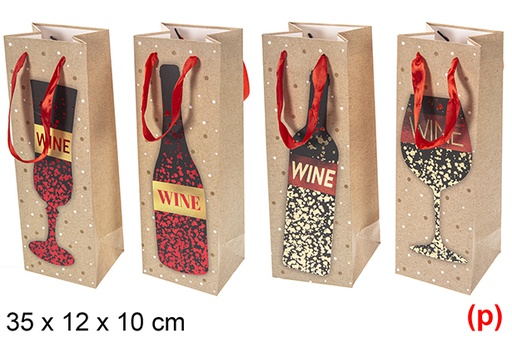 [117385] Bolsa botella vino marrón decorada surtida 35x12 cm