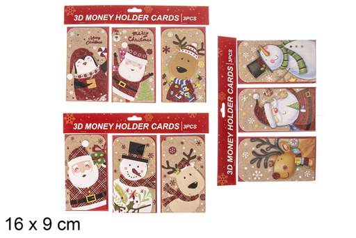 [117400] Pack 3 tarjetas de dinero 3D decoración navidad purpurina 16x9 cm