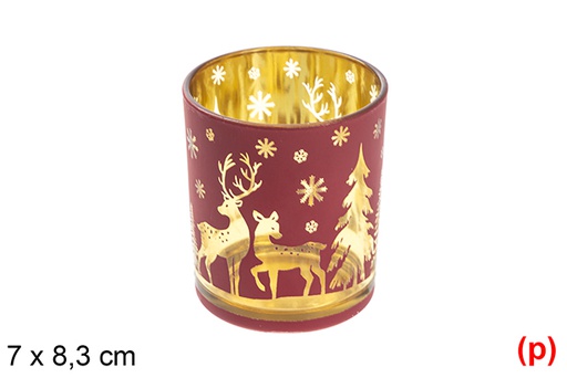 [117422] Red/rose gold glass candle holder decorated with reindeer 7x8,3 cm