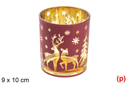 [117425] Red/rose gold glass candle holder decorated with reindeer 9x10 cm