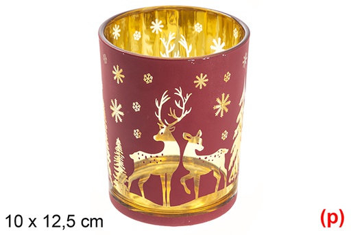 [117428] Red/rose gold glass candle holder decorated with reindeer 10x12,5 cm