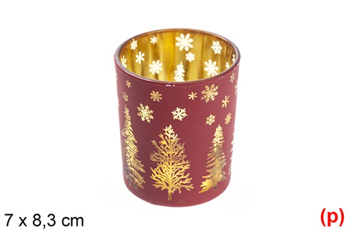 [117431] Red glass candle holder / rose gold decorated tree 7x8,3 cm