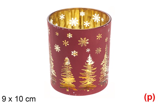 [117434] Red glass/rose gold candle holder decorated tree 9x10 cm