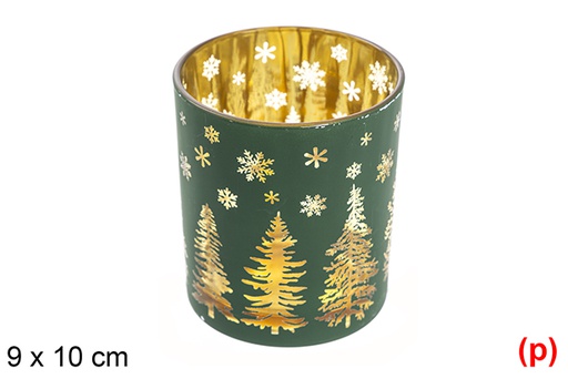 [117436] White glass candle holder / rose gold decorated tree 9x10 cm