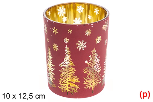 [117437] Red/rose gold glass candle holder decorated tree 10x12.5cm