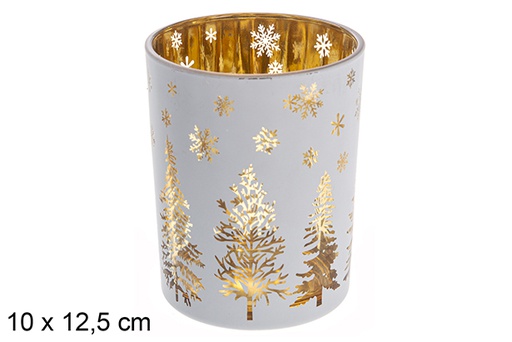 [117438] Castiçal vidro branco / árvore decorada ouro rosa 10x12,5 cm