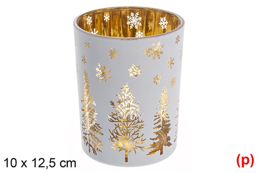 [117438] White glass candle holder / rose gold decorated tree 10x12,5 cm