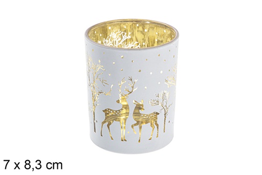 [117440] White/gold glass candle holder decorated reindeer 7x8,3 cm