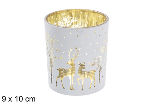 [117441] White/gold glass candle holder decorated reindeer 9x10 cm