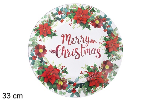 [117461] White round plate decorated with Christmas flowers 33 cm