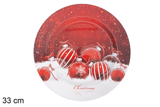 [117488] Assiette ronde rouge décorée de boules de Noël 33 cm