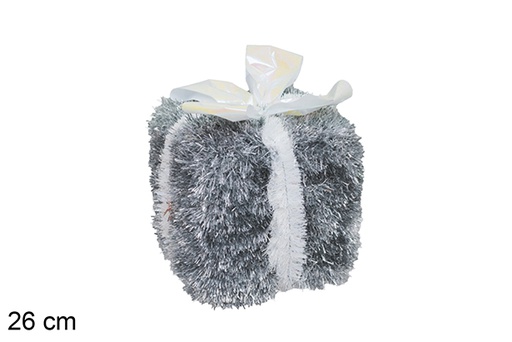 [117549] Polystyrene gift package decorated with silver tinsel with white bow 26 cm