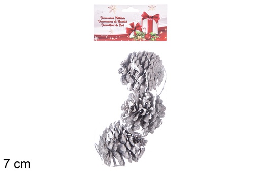 [117559] Pack 3 pommes de pin de Noël blanches pailletées 7 cm