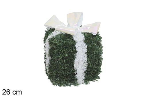 [117570] Paquete regalo poliestireno decorado espumillón verde y lazo blanco 26 cm