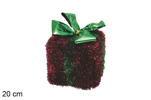 [117571] Polystyrene gift package decorated with red tinsel with green bow 20 cm