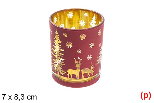 [117636] Red glass candle holder/rose gold decorated reindeer/tree 7x8,3 cm