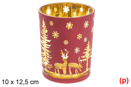 [117640] Red glass candle holder/rose gold decorated reindeer/tree 10x12,5 cm