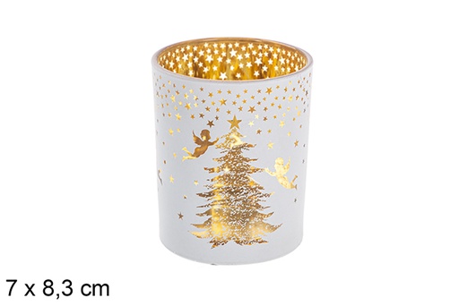 [117663] Portavela cristal blanco/oro rosa decorado ángeles 7x8,3 cm