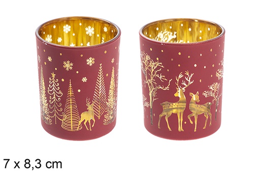 [117687] Portacandela in vetro rosso/oro rosa decorato renne assortite 7x8,3 cm