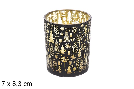 [117692] Black/gold glass candle holder decorated trees 7x8,3 cm