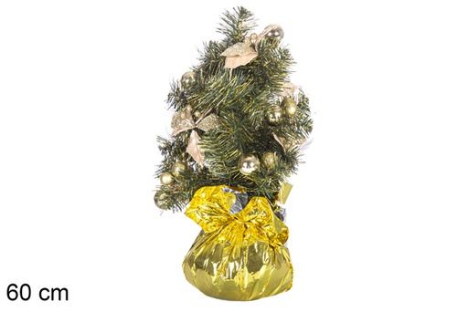 [117700] Árbol verde PVC decorado con estrellas, bolas y lazos doradas 60 cm