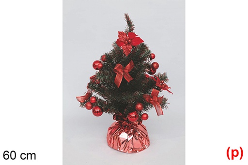 [117709] Albero in PVC verde decorato con stelle, palline e fiocchi rossi 60 cm