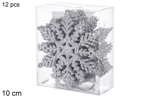 [117723] Pack 12 flocons de neige argentés en PVC 10 cm