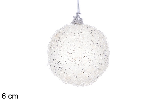 [117785] Boule de Noël blanche à paillettes et coraux 6 cm