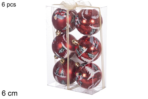 [117836] Pack 6 red PVC balls Christmas scene decoration 6 cm