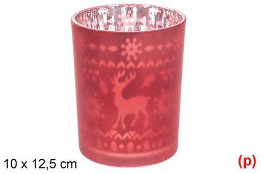 [117863] Portavela cristal mate roja/plata decorado renos 10x12,5 cm