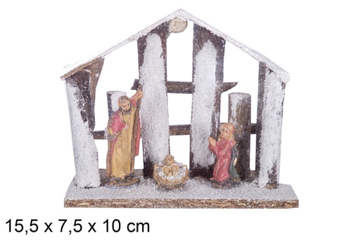 [117896] Natività 3 pezzi in cabina di legno innevato 15,5x7,5 cm