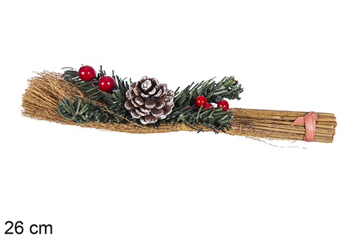 [117924] Broom decorated with berries and snowy pine cones 26 cm