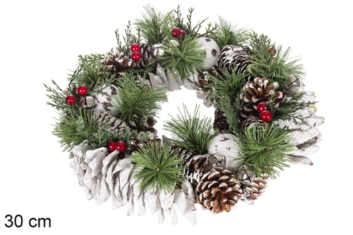 [117997] WOODEN WREATH DEC. NATURAL PINEAPPLE, RED APPLES, LEAVES AND BERRIES 30 CM
