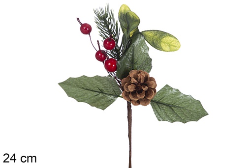 [118008] PVC branch red berries and pine cones and plastic leaves 24 cm