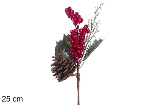 [118014] PVC pine branch with red berries and silver leaves 25 cm